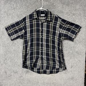 Vintage 80s 90s Career Club Button Up Shirt Mens XL Blue Gray Plaid Academia USA